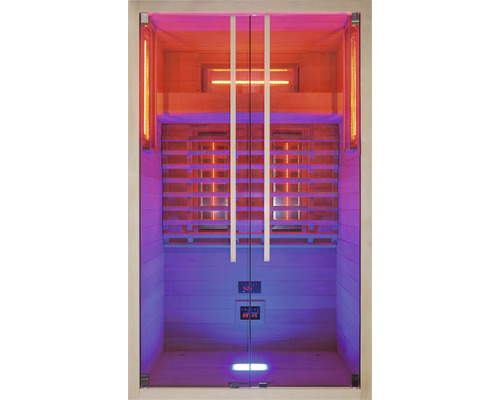 Vue intérieure d''un sauna infrarouge avec portes en verre et panneaux en bois