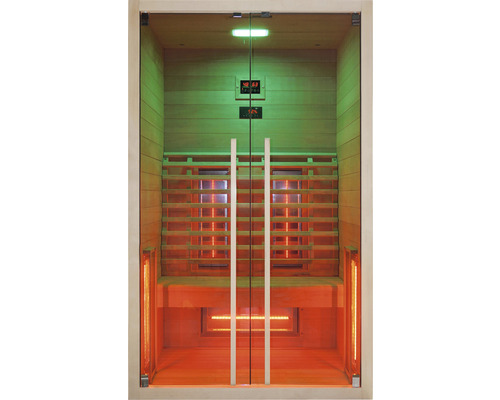 Sauna infrarouge avec porte en verre, sièges en bois et affichages numériques
