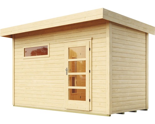 Holzgartenhaus mit Flachdach, Tür und Fenster
