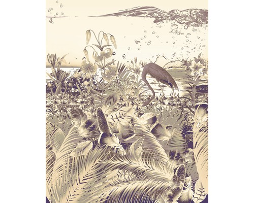 Papier peint panoramique intissé 6031C-VD2 Fantasia Dark 2 pces 200 x 250 Illustration d''une scène tropicale avec flamant rose, plantes et éléments sous-marins