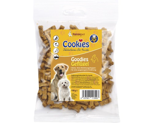 Friandises pour chiens Cookies Goodies volaille 150 g Hansepet Cookies volaille, biscuits pour chiens en sachet transparent