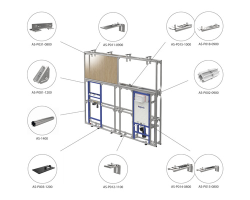 Detailansicht eines Sanitärinstallationssystems mit verschiedenen Befestigungselementen