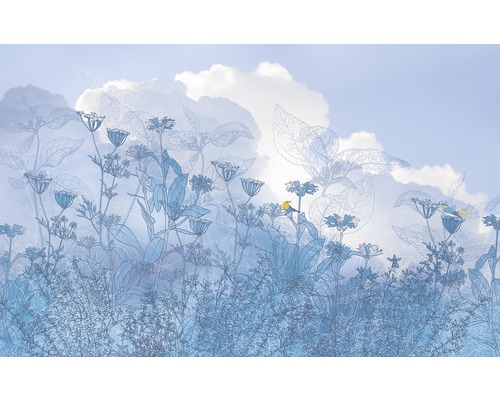 Papier peint panoramique intissé 6041A-VD1 Blue Sky Panel 1 pce 100 x 250 cm Papier peint décoratif avec motifs floraux et motifs d''oiseaux sur fond de ciel nuageux.