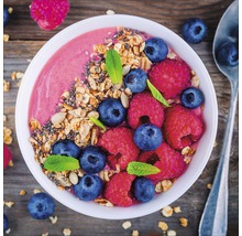 Schüssel mit Smoothie, Müesli, Heidelbeeren und Himbeeren