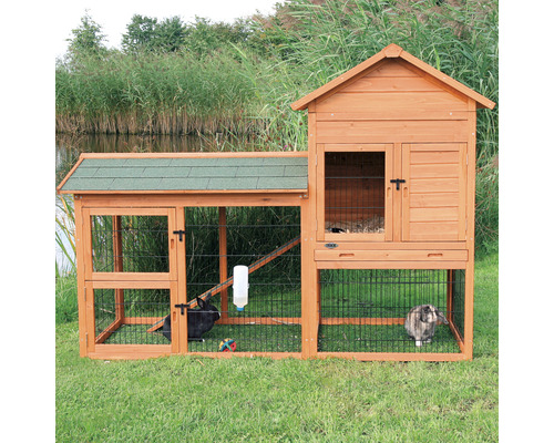 Petite étable pour animaux Trixie deux étages avec roue libre 199x93x146 cm Clapier à lapin en bois avec deux niveaux et enclos extérieur