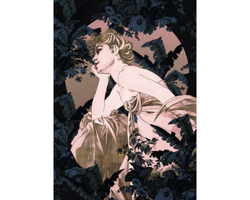 Papier peint panoramique intissé Hx4-019 Songes Bleu 4 pièces 200 x 280 cm Illustration d''une femme entourée d''éléments floraux