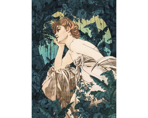 Papier peint panoramique intissé Hx4-027 Songes Vert 4 pièces 200 x 280 cm Illustration d''une femme sur fond floral