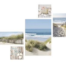 Collage avec des motifs de plage, notamment des dunes, la mer et des coquillages