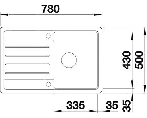 Technische Zeichnung einer Spüle mit Abtropffläche und den Maßen 780 x 500 Millimeter