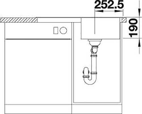 Zeichnung einer Küchenspüle mit Maßangaben von 252,5 und 190