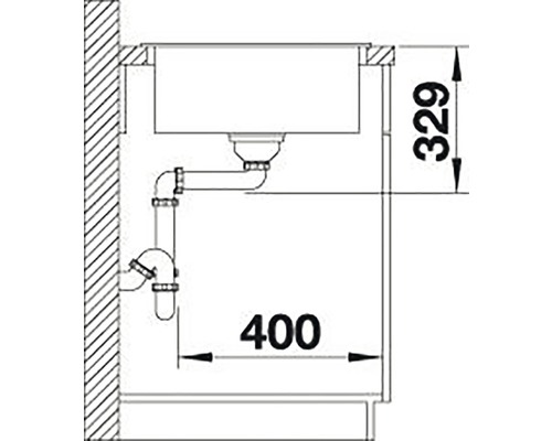 Technische Zeichnung eines Spülbeckens mit Abmessungen 329 und 400.
