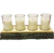 Bougeoir en bois avec quatre bougies chauffe-plat dans des verres