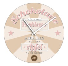 Dekorative Wanduhr mit dem Spruch Schokolade löst keine Probleme aber das tut ein Apfel auch nicht