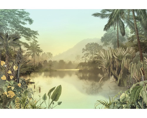 Papier peint panoramique intissé HX8-049 Lac Tropical 8 pces 400 x 270 cm Illustration d''un paysage tropical luxuriant avec lac, palmiers et montagnes
