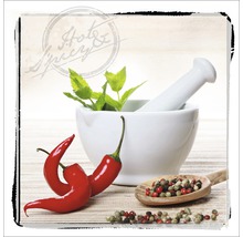 Stillleben mit Mörser, frischer Minze, Chilischoten und Pfefferkörnern