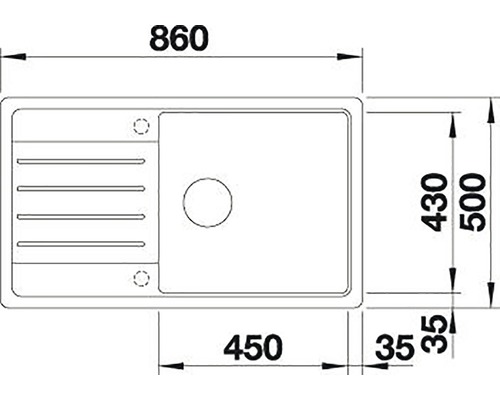 Zeichnung einer Küchenspüle mit Maßangaben.
