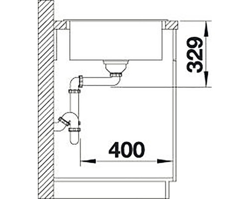 Technische Zeichnung eines Spülbeckens mit Abmessungen.