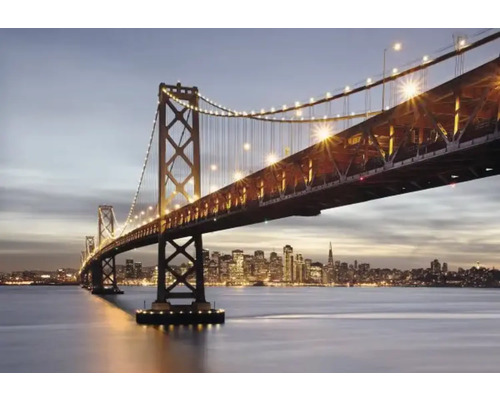Papier peint panoramique papier 8-733 VOL 15 Bay Bridge 8 pces 368 x 254 cm Pont illuminé devant une silhouette de ville de nuit