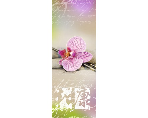 Dekoratives Wandbild mit Orchidee, Steinen und asiatischen Schriftzeichen