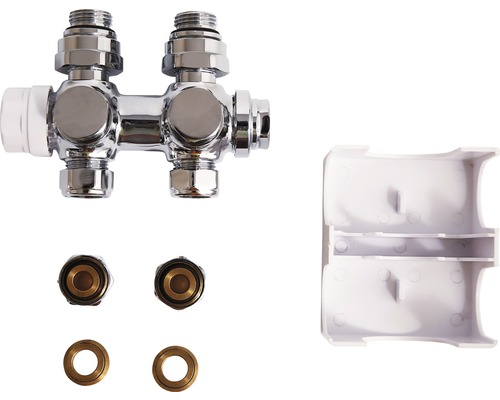 Raccord de radiateur avec corps de vanne, raccords et rosaces