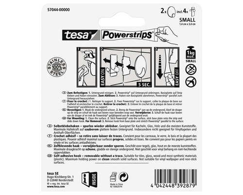 Crochet adhésif Tesa Powerstrips petite taille avec quatre bandes
