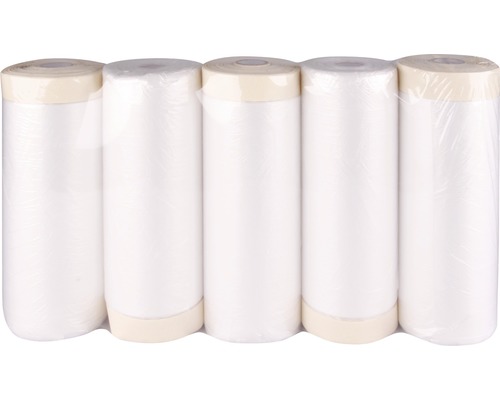 Cinq rouleaux de film de masquage avec ruban adhésif dans un emballage