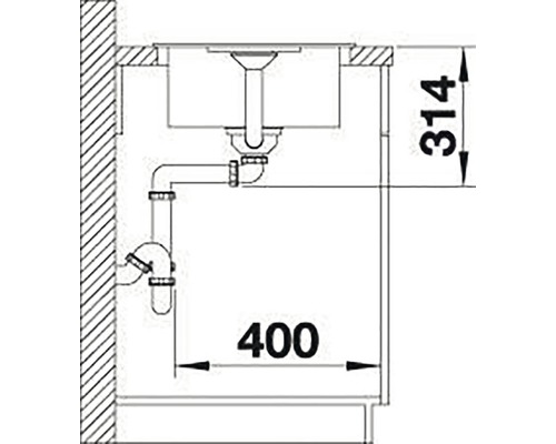 Schemazeichnung einer Spüle mit Siphon und Massangaben