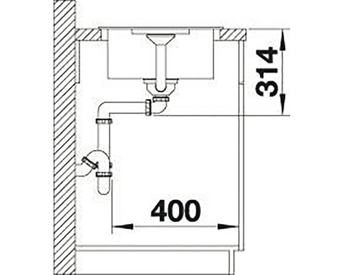 Schéma d''un évier avec indications de mesure de ses dimensions et raccords