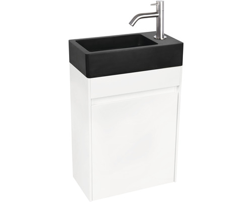 Combinaison de lavabo avec lavabo, meuble sous-lavabo et robinet pour la salle de bain.