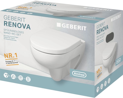 Verpackung eines spülrandlosen Geberit Renova Wand-WC-Sets mit Absenkautomatik