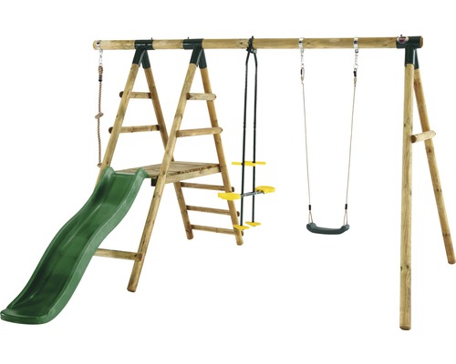 Balançoire simple plum Meerkat en bois avec bascule, corde d'escalade et toboggan vert