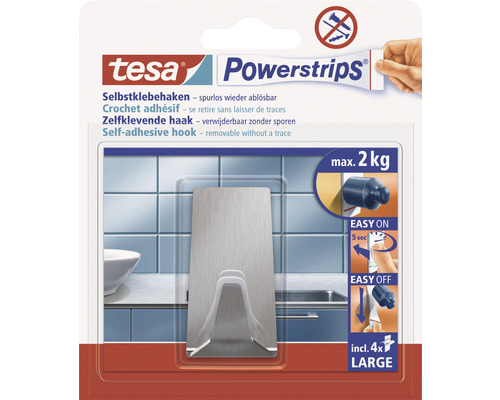Patère salle de bain Tesa Powerstrips® Large acier inoxydable mat 58266-00000-20 Crochet adhésif Tesa Powerstrips jusqu''à 2 kilogrammes maximum