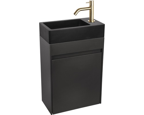 Meuble-lavabo avec vasque noire et robinetterie dorée