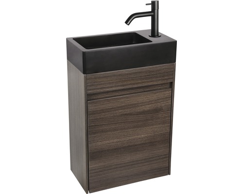 Waschbeckenunterschrank mit schwarzem Aufsatzwaschbecken und Armatur