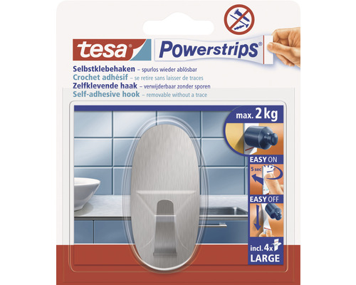 Patère salle de bain Tesa Powerstrips® Large acier inoxydable mat 58261-00000-20 Tesa Powerstrips Crochet adhésif, se retire sans laisser de traces, charge maximale deux kilogrammes, incluant quatre Powerstrips Large