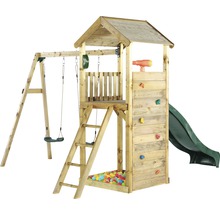 Spielturm Aussichtsturm plum Holz mit Doppelschaukel, Sandkasten, Fernglas, Telefon, Kletterwand, Kreidetafel und Rutsche grün-thumb-1