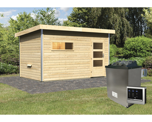 Aussensauna aus Holz mit Saunaofen