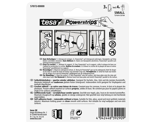 Crochets tesa Powerstrips petits, incluant quatre Powerstrips pour un retrait sans trace
