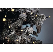 Arbre de Noël décoré avec pommes de pin et guirlande lumineuse