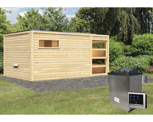 Chalet sauna Karibu Zirkon 2 avec poêle 9 kW et commande externe, avec entrée et portes en bois avec verre transparent