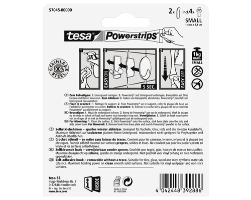 Tesa Powerstrips kleiner Haken, inklusive vier Klebestreifen, maximale Haltekraft ein Kilogramm