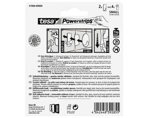 Crochet Tesa Powerstrips petit, deux pièces, quatre bandes adhésives incluses, force de maintien maximale un kilogramme, en acier inoxydable