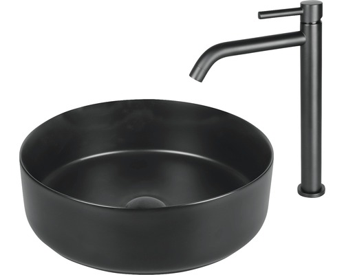 Rundes Aufsatzwaschbecken aus Keramik mit Armatur