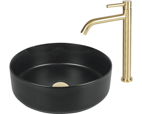 Vasque à poser noire avec robinetterie dorée