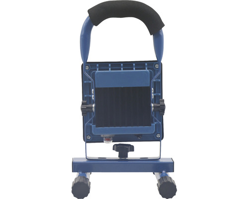 Blaue LED-Baustellenleuchte mit Tragegriff und Standfuss.