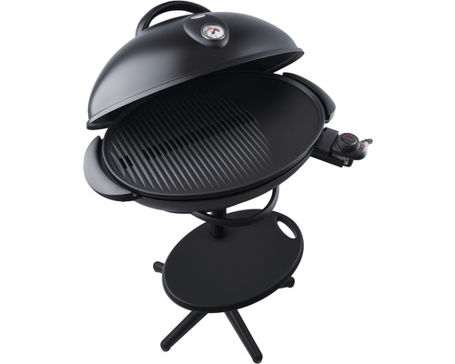 Schwarzer Elektrogrill mit offenem Deckel und Temperaturanzeige