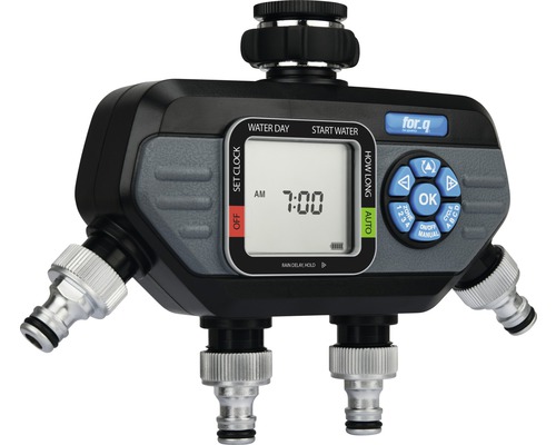 for.q Bewässerungscomputer mit mehreren Anschlüssen und Digitalanzeige.