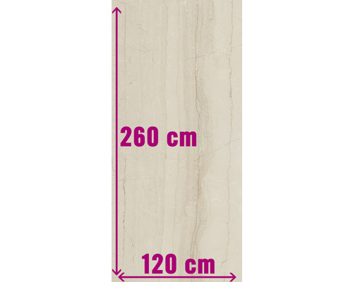 Carrelage XXL sol et mur en grès cérame fin Living cream beige poli 120 x 260 cm 7 mm