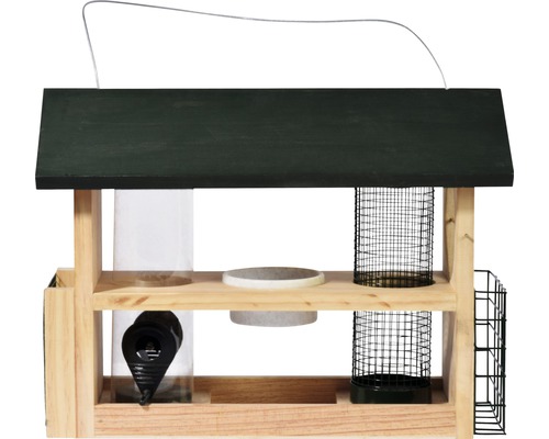 Vogelhaus aus Holz mit Dach und verschiedenen Futterstellen