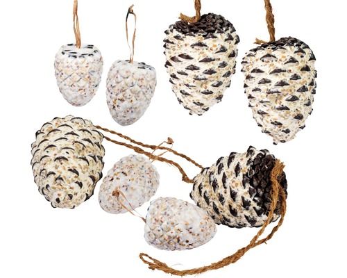 Mélange de nourriture pour oiseaux, pins garnis, 8 pièces Plusieurs pommes de pin avec de la nourriture pour oiseaux et un cordon de suspension